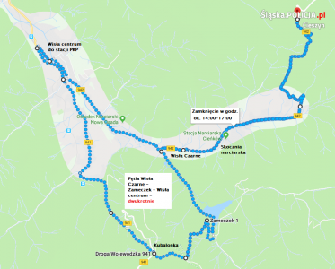 mapa zamkniętych odcinków w Wiśle i Istebnej